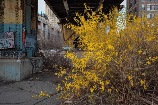 Photo a vibrant contrast forsythia bushes bursting with yellow blooms against the stark concrete