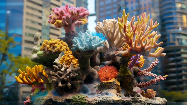 Vibrant coral reef display in an aquarium with city backdrop