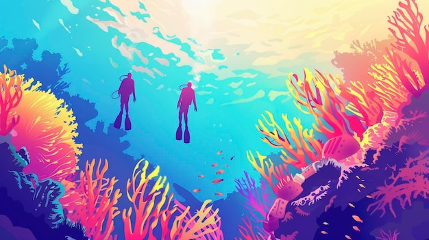 a vibrant coral reef just offshore with snorkelers exploring its beauty cartoon flat color