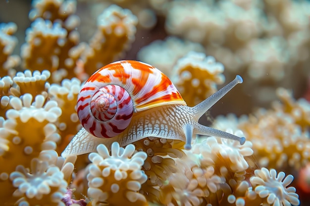 Vibrant Coral Reef Snail Crawling on Colorful Sea Anemone in Underwater Ecosystem