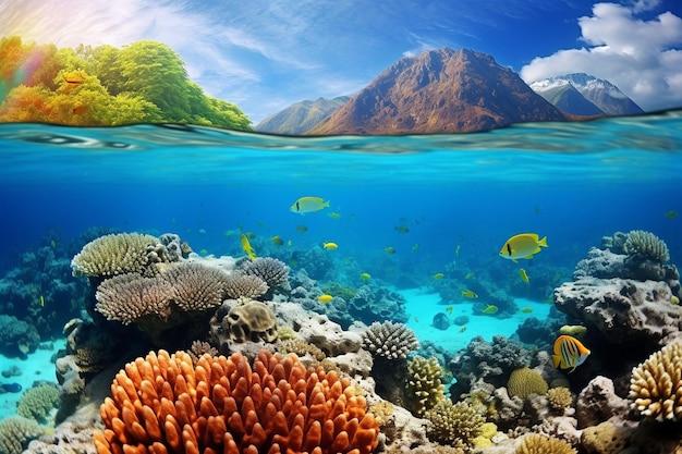 Vibrant coral reef teeming with colorful fish and marine creatures