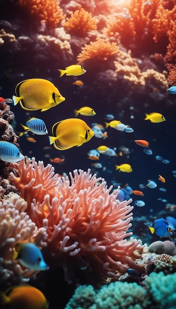 Vibrant coral reef teeming with diverse marine life colorful underwater high detail ecosystem