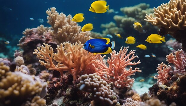 鮮やかなサンゴ礁は多様な海洋生物に満ち多彩な水中生態系で細かい詳細があります