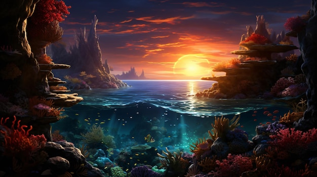 Photo vibrant coral reef in an underwater paradise framed by a breathtaking sunset