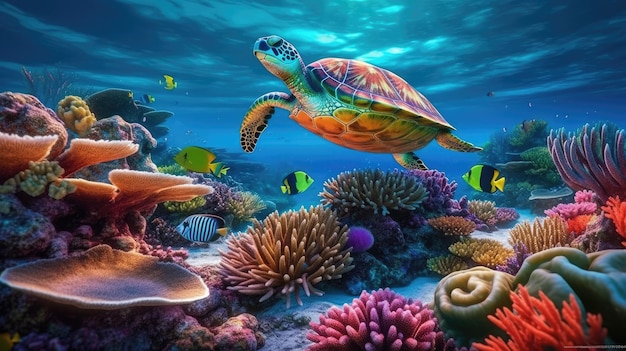 Яркий коралловый риф со стаями радужных цветов