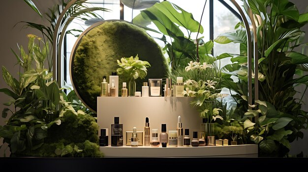 Vibrant Cosmetics Display met een weelderige groene planten achtergrond