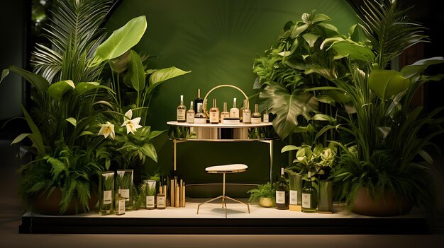 Vibrant Cosmetics Display met een weelderige groene planten achtergrond