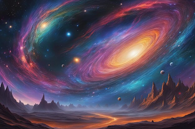 a vibrant cosmic landscape stretches across the vast expanse of spacefilled