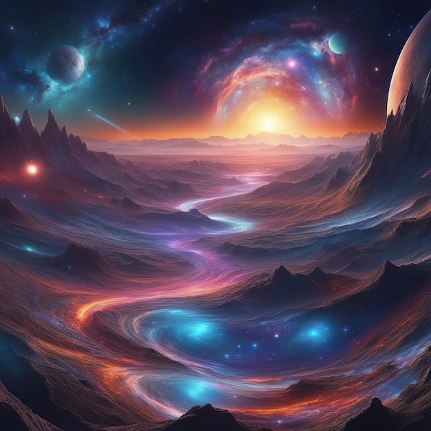 a vibrant cosmic landscape stretches across the vast expanse of spacefilled