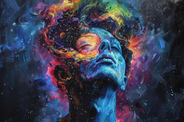 a vibrant cosmic portrait of a person with swirling colors and stars around their head representing creativity and imagination