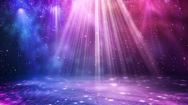 a vibrant cosmic scene with beams of light starry sky and a shimmering ground in purple and blue hues