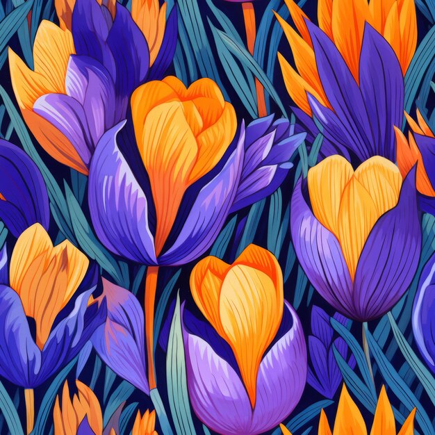 Vibrant crocus flower blooms seamless pattern in top view perfect for spring themed designs