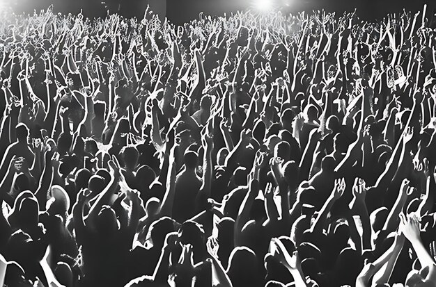 A vibrant crowd of people with their arms raised in the air illuminated by the stage lights