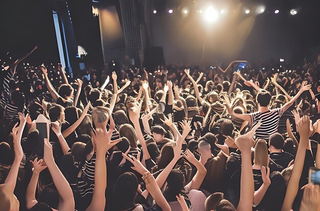 A vibrant crowd of people with their arms raised in the air illuminated by the stage lights