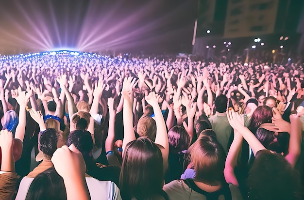 Живая толпа людей с поднятыми руками в воздух, освещенная сценическими огнями.
