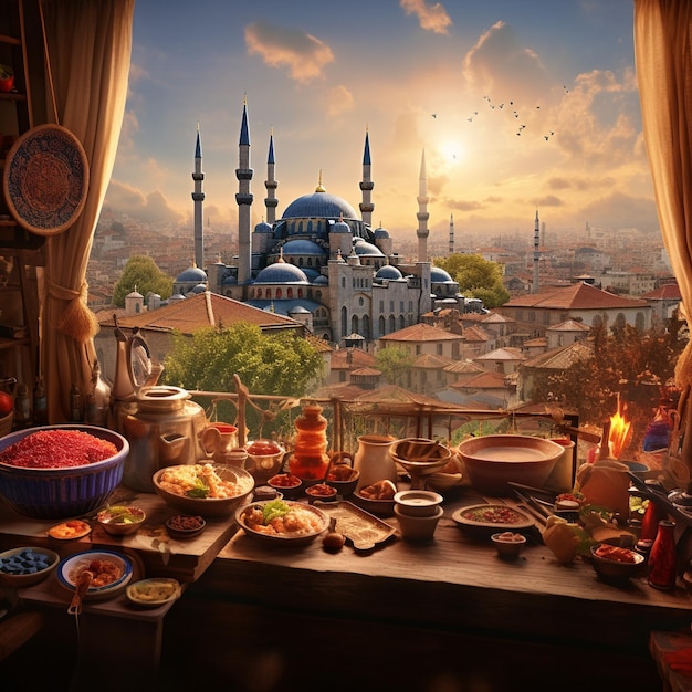 Vibrant Culinary Scene in Istanbul Street Market Filled with Traditional Turkish Dishes