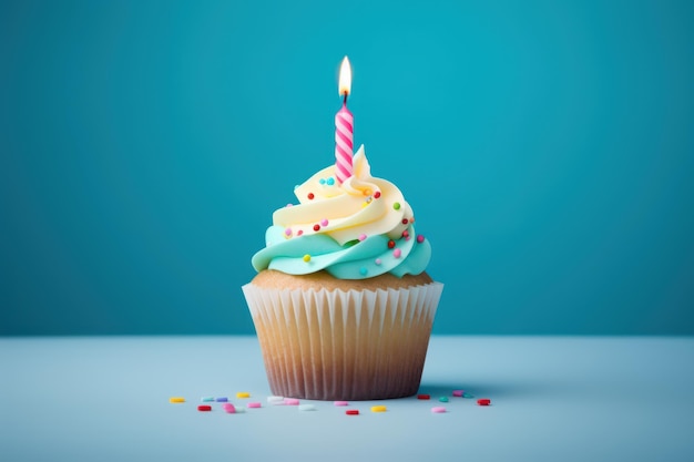 A vibrant cupcake with one candle for a birthday celebration