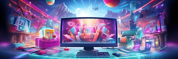 Photo vibrant cyber monday sale illustration featuring tech symbols