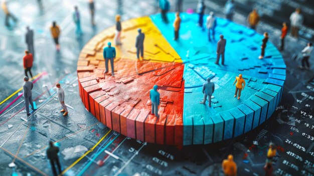 Photo vibrant d rendering of a segmented pie chart with tiny business figures examining data