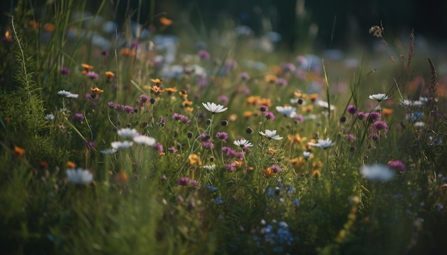 AI によって生成された、静かな草原の風景の中に咲く鮮やかなデイジーの花