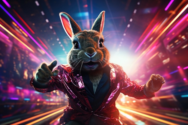 Vibrant Dancing Rabbit in Hyper realistic Synth wave Generative AI