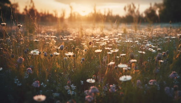 AI によって生成されたフォーカス草原の背景に鮮やかなタンポポの花びら