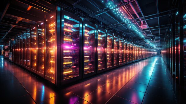 Photo vibrant data center created with generative ai