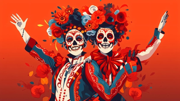 Vibrant Day of the Dead Couple Smiling Welcome in Red Costumes Vector Illustration