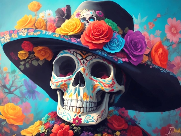 A vibrant Day of the Dead painting featuring a skull wearing a colorful hat with flower