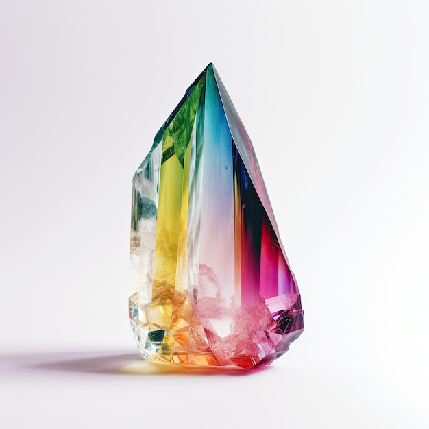 Vibrant dazzling rainbow crystal, set against a white backdrop. AI-generated.