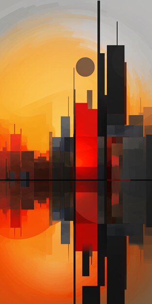 Vibrant De Stijl Sunrise Abstract Cityscape In Bright Orange