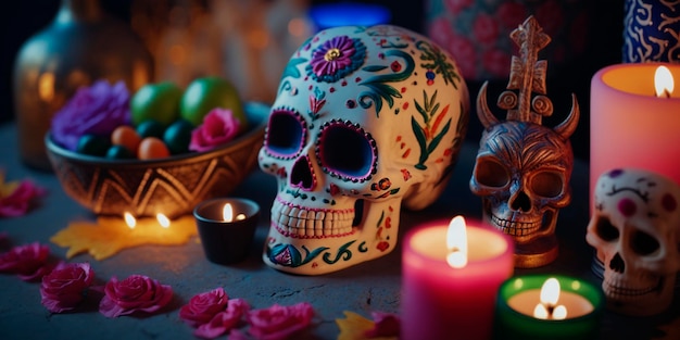 Dia de Muertos 멕시코의 날을 기념하는 멕시코 모자와 생동감 있게 장식된 해골