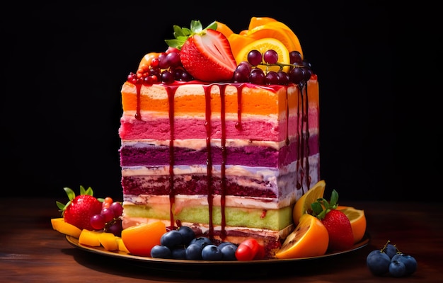 A vibrant and delicious rainbow cake with a burst of colors