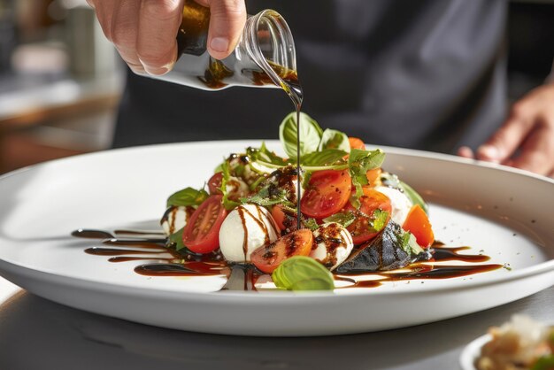 A vibrant and delicious salad featuring fresh vegetables mozzarella cheese and balsamic sauce plated beautifully on a white background representing a healthy and tasty meal