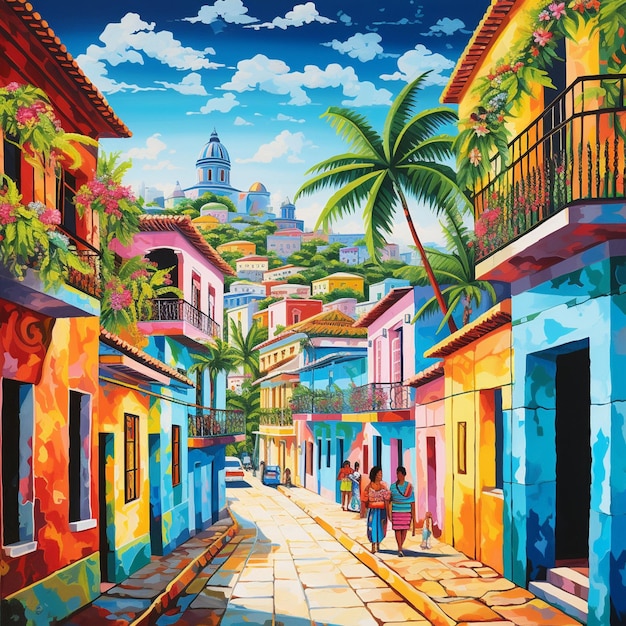 Vibrant depiction of a bustling street in Salvador Brazil