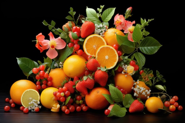 A vibrant design consisting of citrus fruits foliage and strawberries