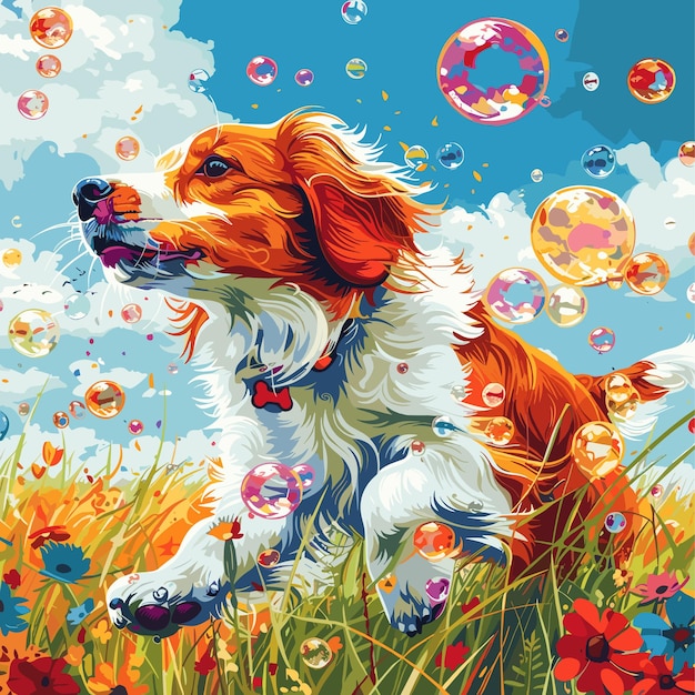 A vibrant design featuring a dog chasing bubbles in a grassy meadow with colorful bubbles floating