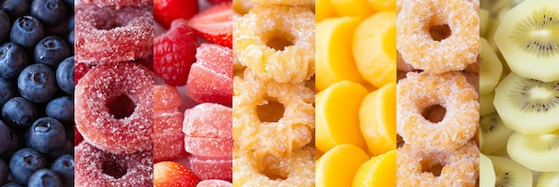 Vibrant dessert products collage with white vertical divisions illuminated by bright light