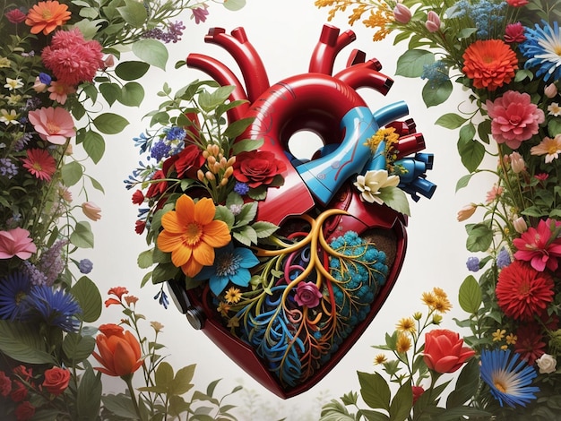 A vibrant detailed anatomical view of a human heart made of plants and flowers