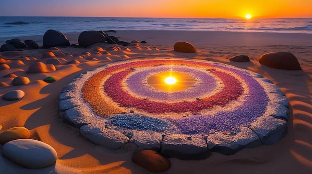 A vibrant detailed circle of stones illuminated by the sun atop a sandy beach