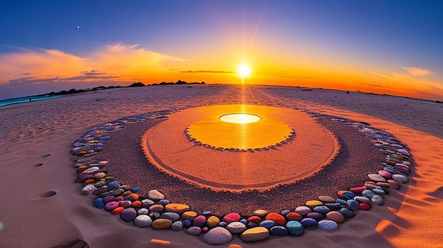 A vibrant detailed circle of stones illuminated by the sun atop a sandy beach