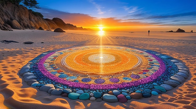A vibrant detailed circle of stones illuminated by the sun atop a sandy beach