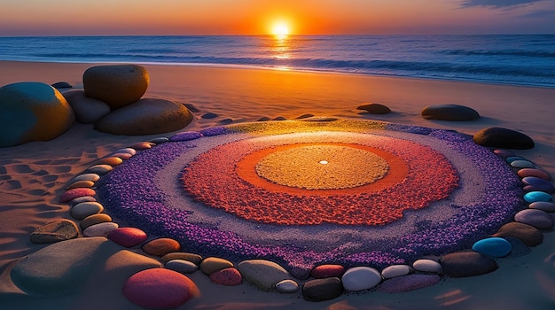 A vibrant detailed circle of stones illuminated by the sun atop a sandy beach