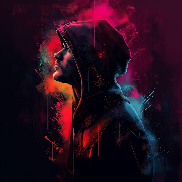 Vibrant digitaal kunstportret van een man met een hoodie met abstracte neonsplatters