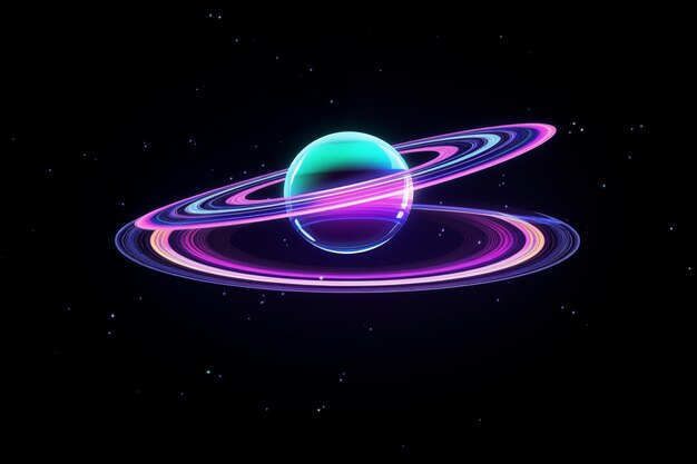 A vibrant digital artwork featuring a planet with glowing neon rings set against a starfilled dark