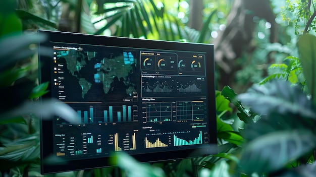 Vibrant digital dashboard showcasing realtime ESG metrics integrating natural elements