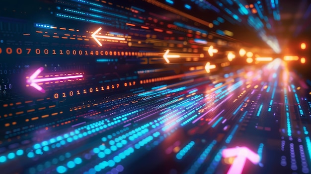 vibrant digital data stream concept abstract representation of a digital data stream with flowing binary code and directional arrows suggesting fast data transfer or computing