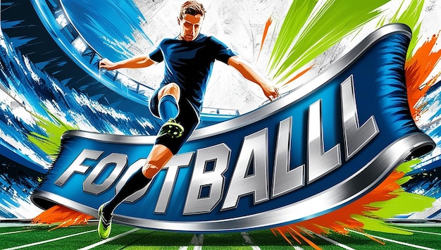 Vibrant digital illustration of a dynamic man playing soccer on a stylized curved football pitch s