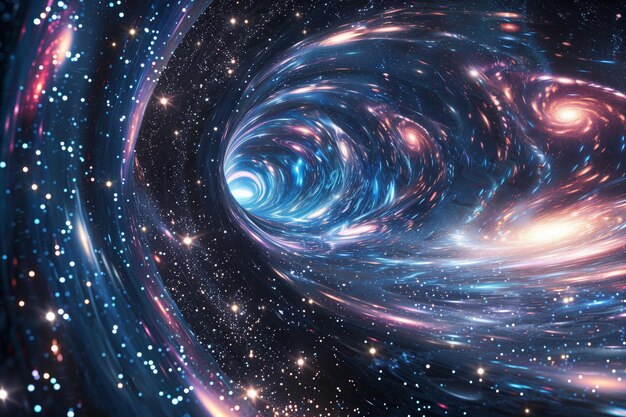 Vibrant digital illustration of a galaxys swirling vortex radiating with stars and luminous colors