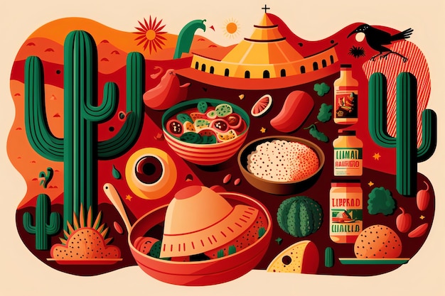 A vibrant digital illustration that celebrates the colorful and spicy world of Mexican cuisin